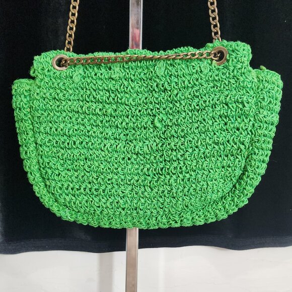 PARFOIS Green Jute Crocheted Crossbody Purse W/Antique Brass Chain Strap - Picture 3 of 13